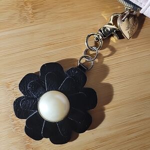 Betsey Johnson Black Floral Bag Chain Keychain Leather Pearl Accent Silver Hardw